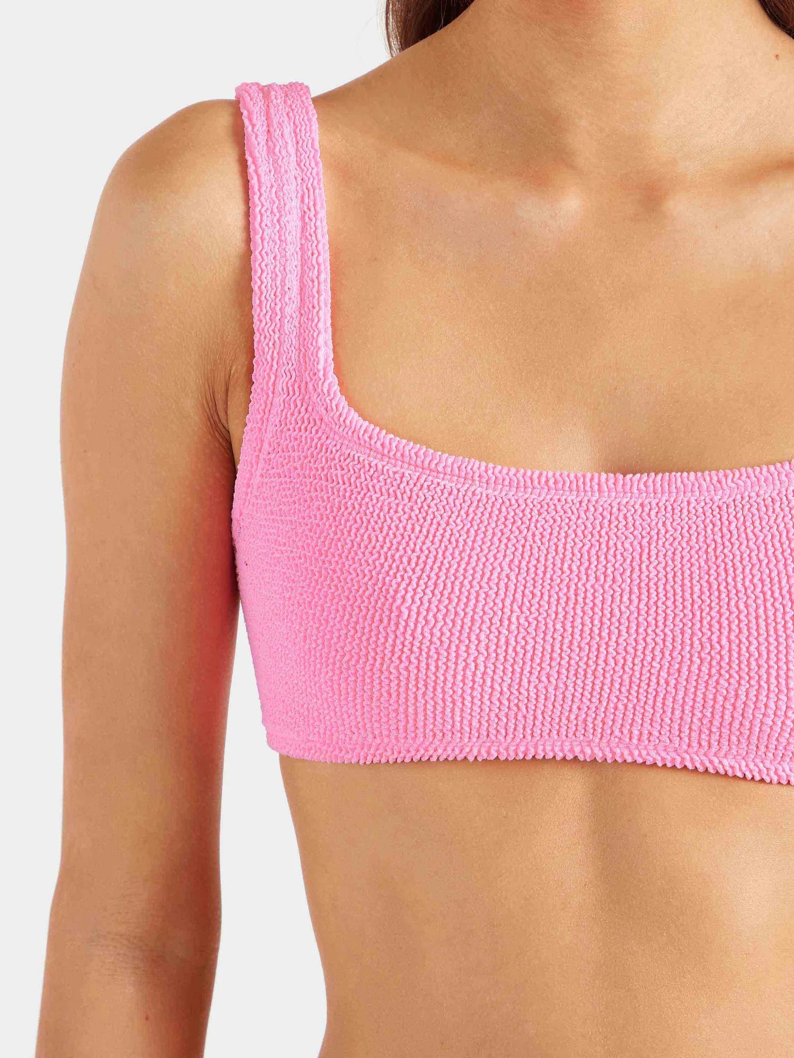 pink square neck crinkle bikini from hunza g close up