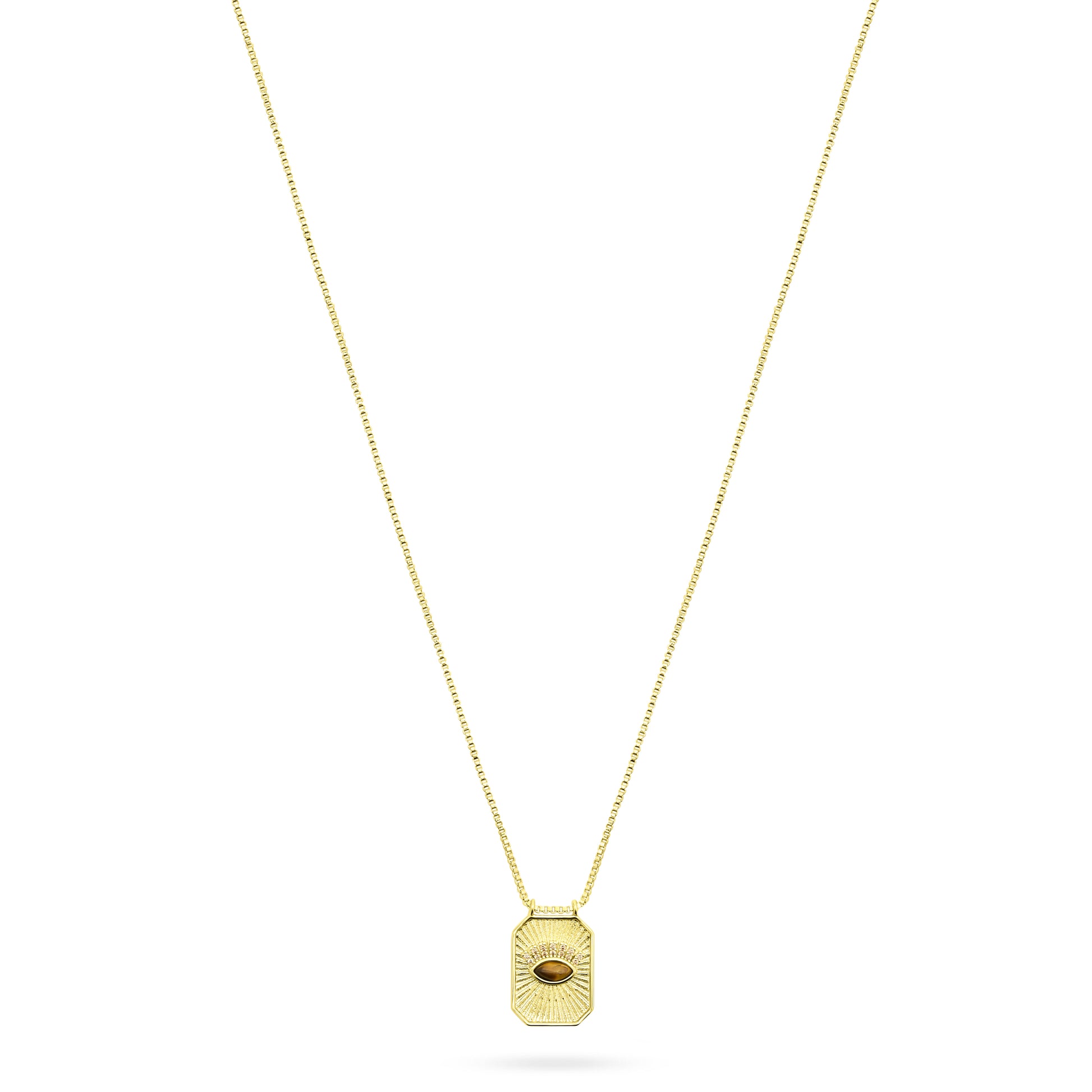 Gold necklace with a hexagonal pendant on a white background