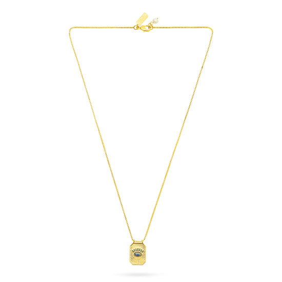 Gold necklace with a pendant on a white background
