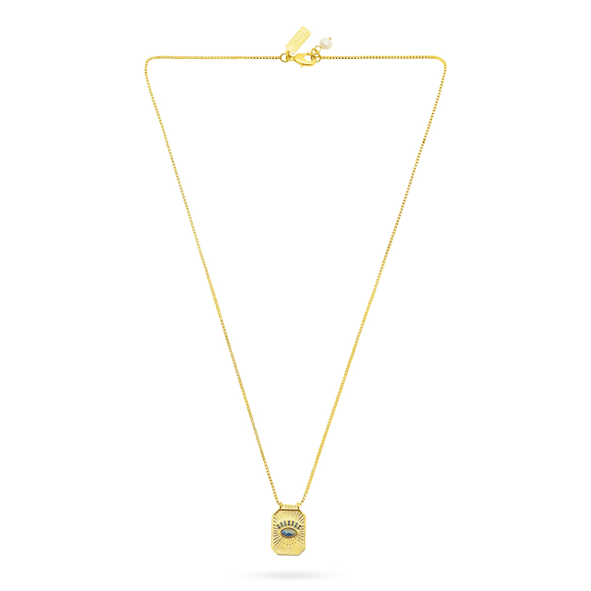Gold necklace with a pendant on a white background