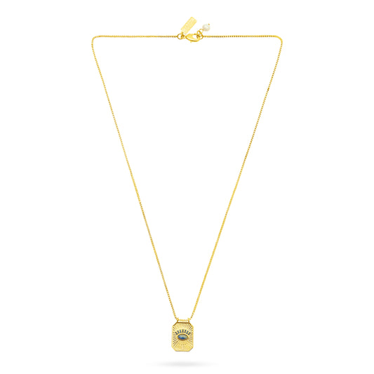 Gold necklace with a pendant on a white background