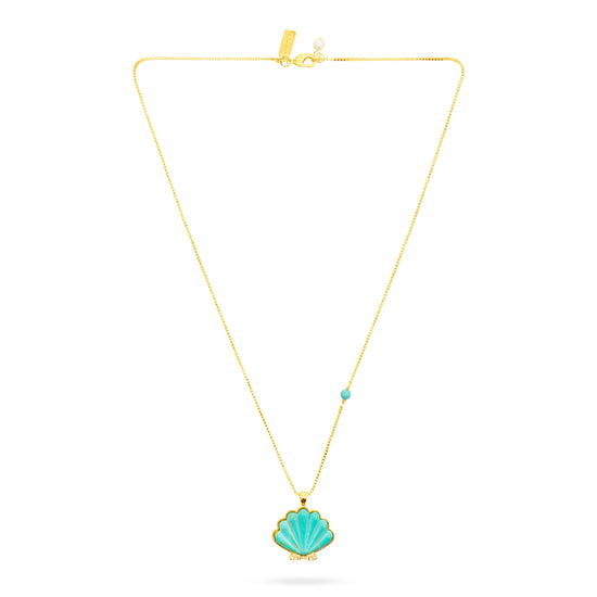 Gold necklace with a turquoise shell pendant on a white background
