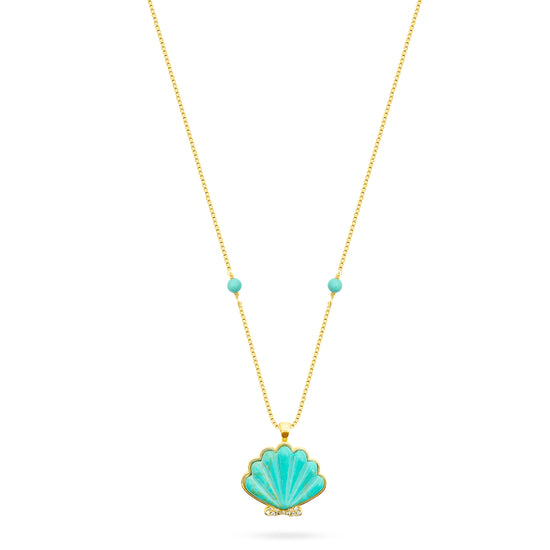 Necklace with a turquoise shell pendant on a white background