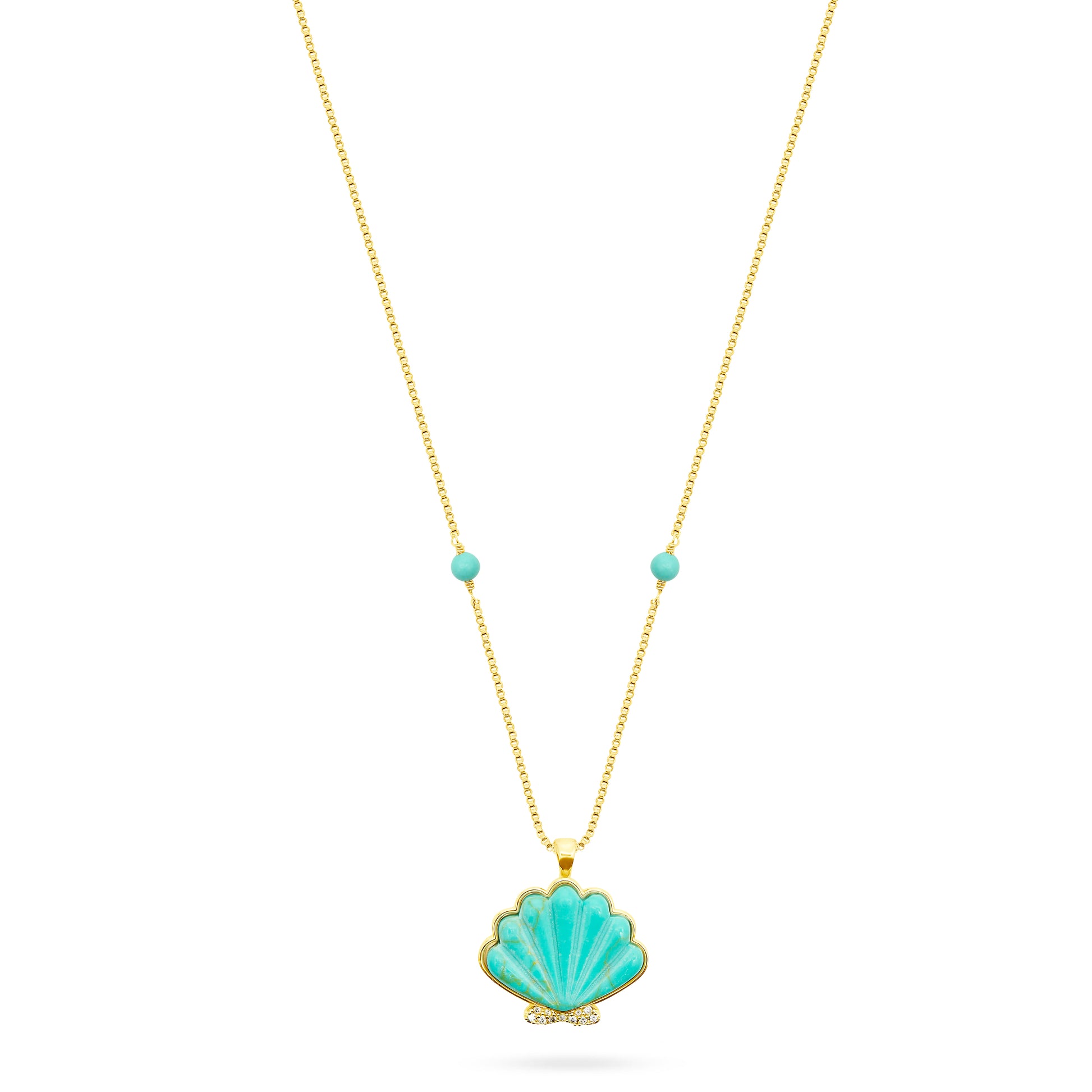 Necklace with a turquoise shell pendant on a white background