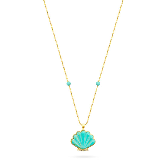 Necklace with a turquoise shell pendant on a white background