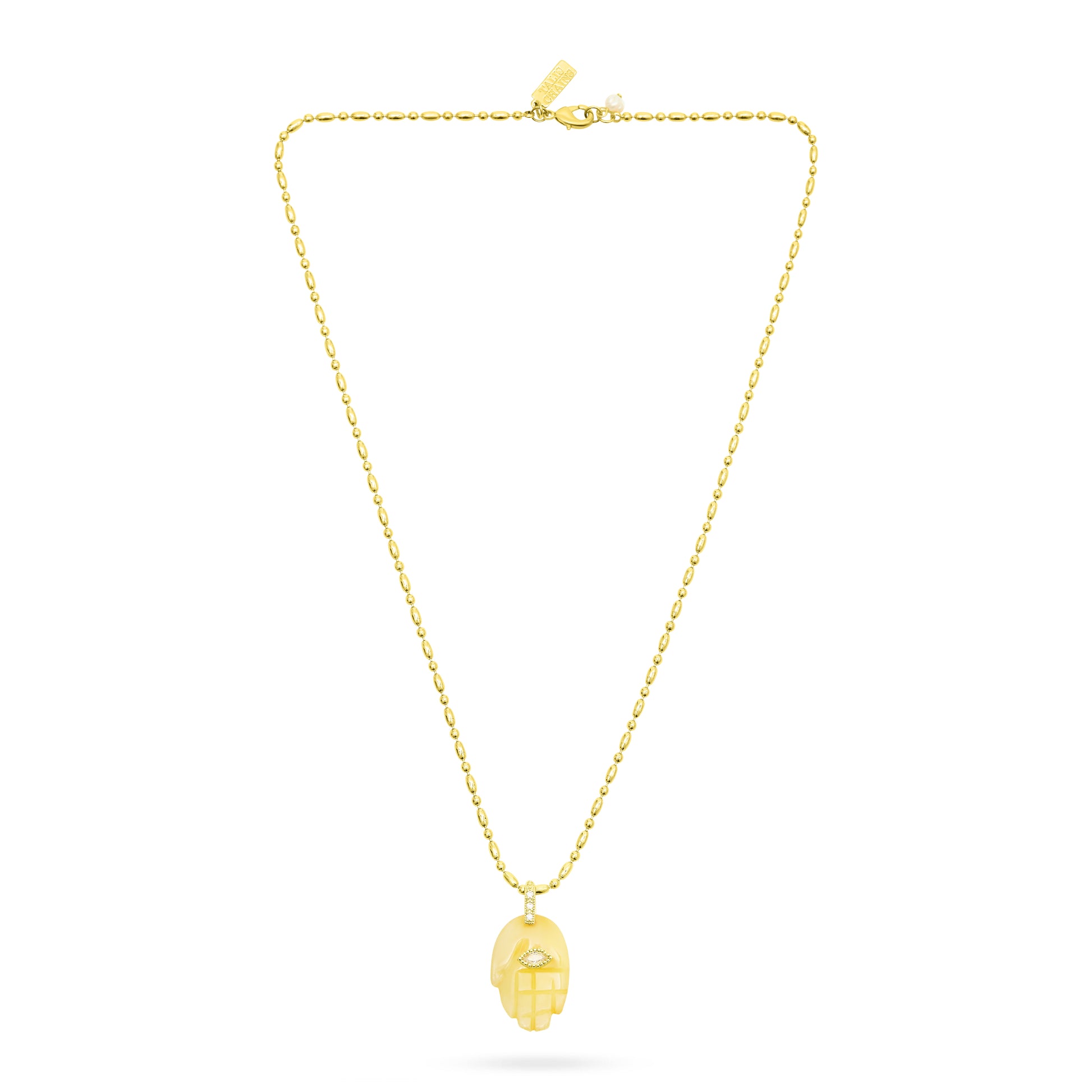 Gold necklace with a pendant on a white background from Talis Chains