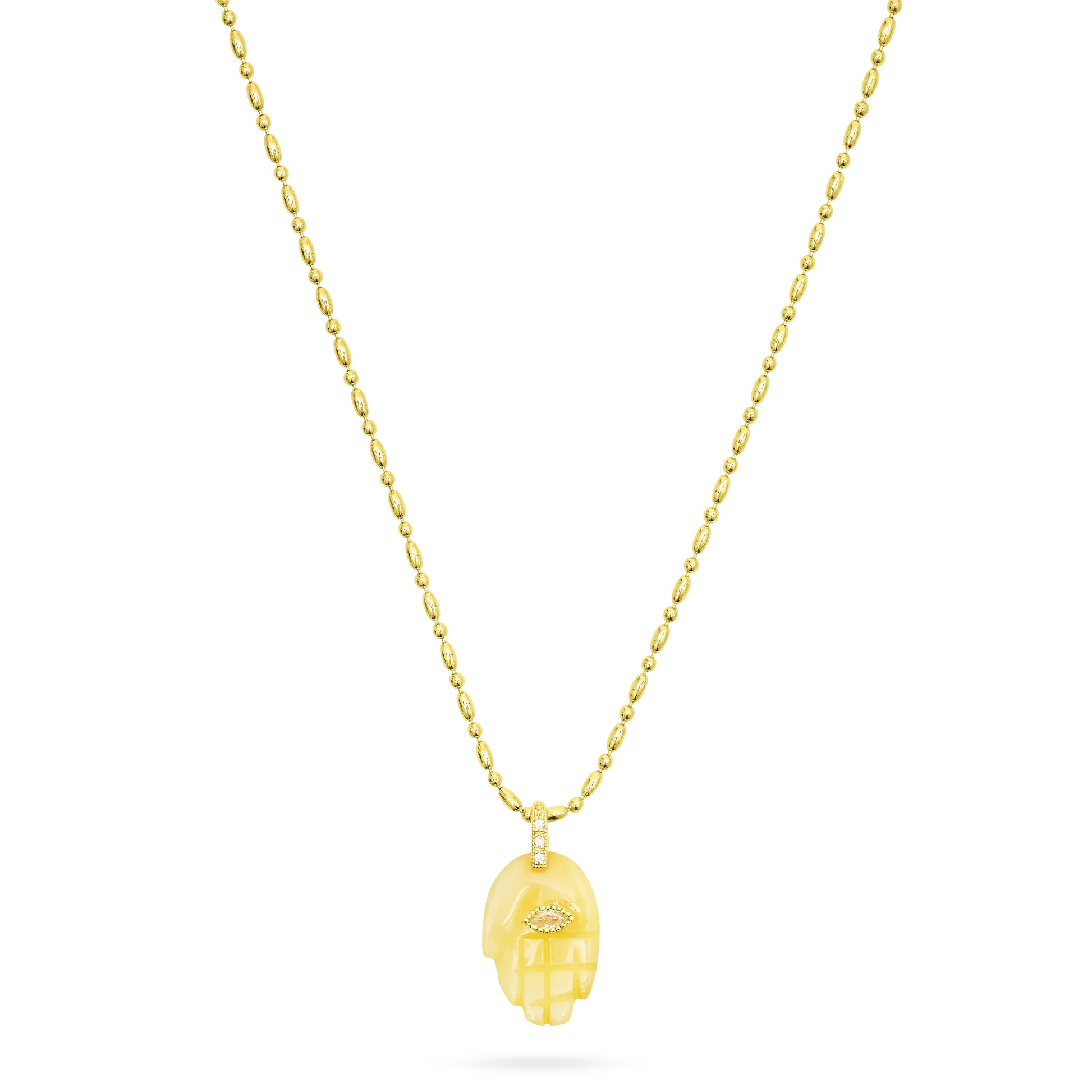 Gold necklace with a unique pendant on a white background from Talis Chains