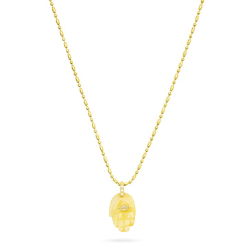 Gold necklace with a unique pendant on a white background from Talis Chains