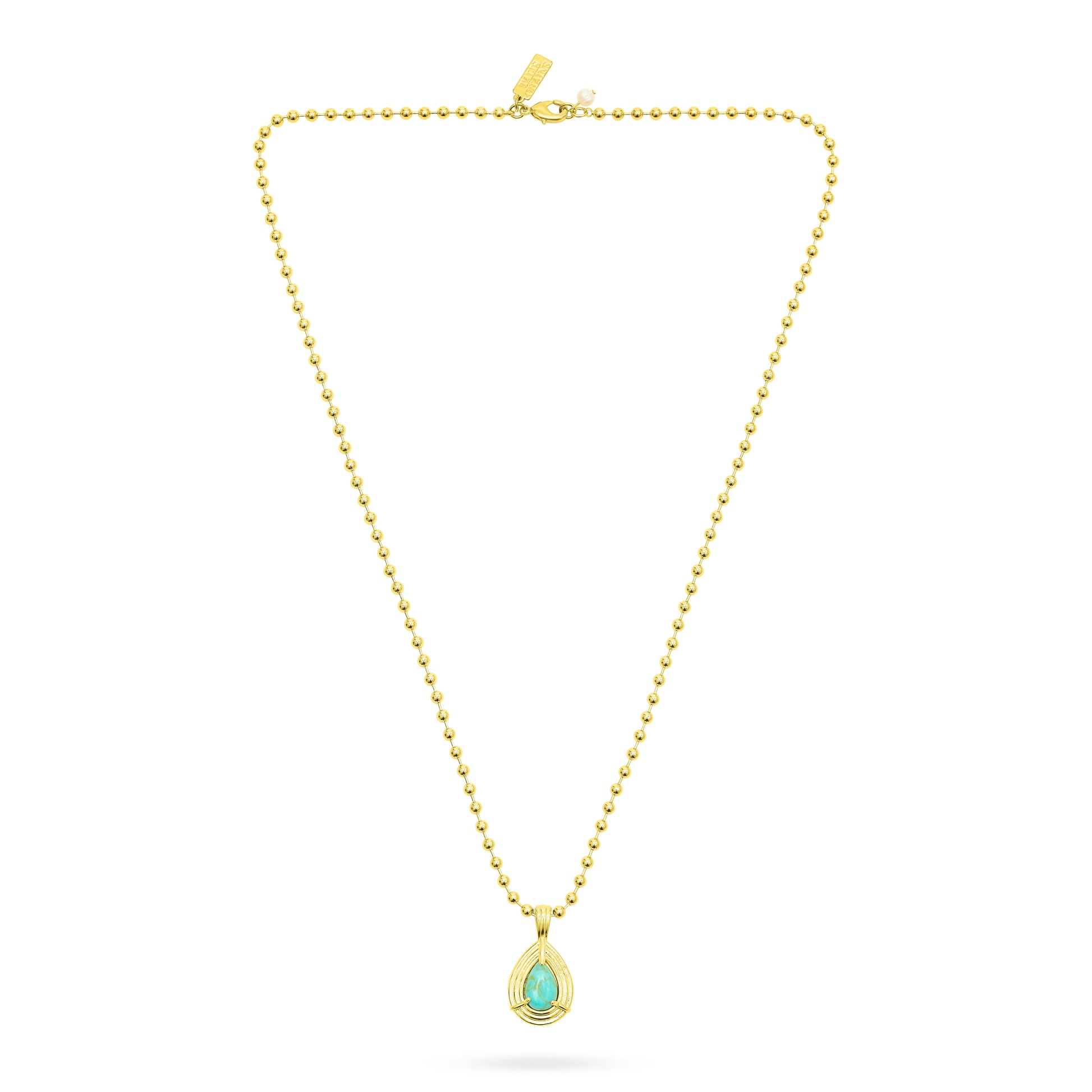 Gold necklace with a turquoise pendant on a white background from Talis Chains