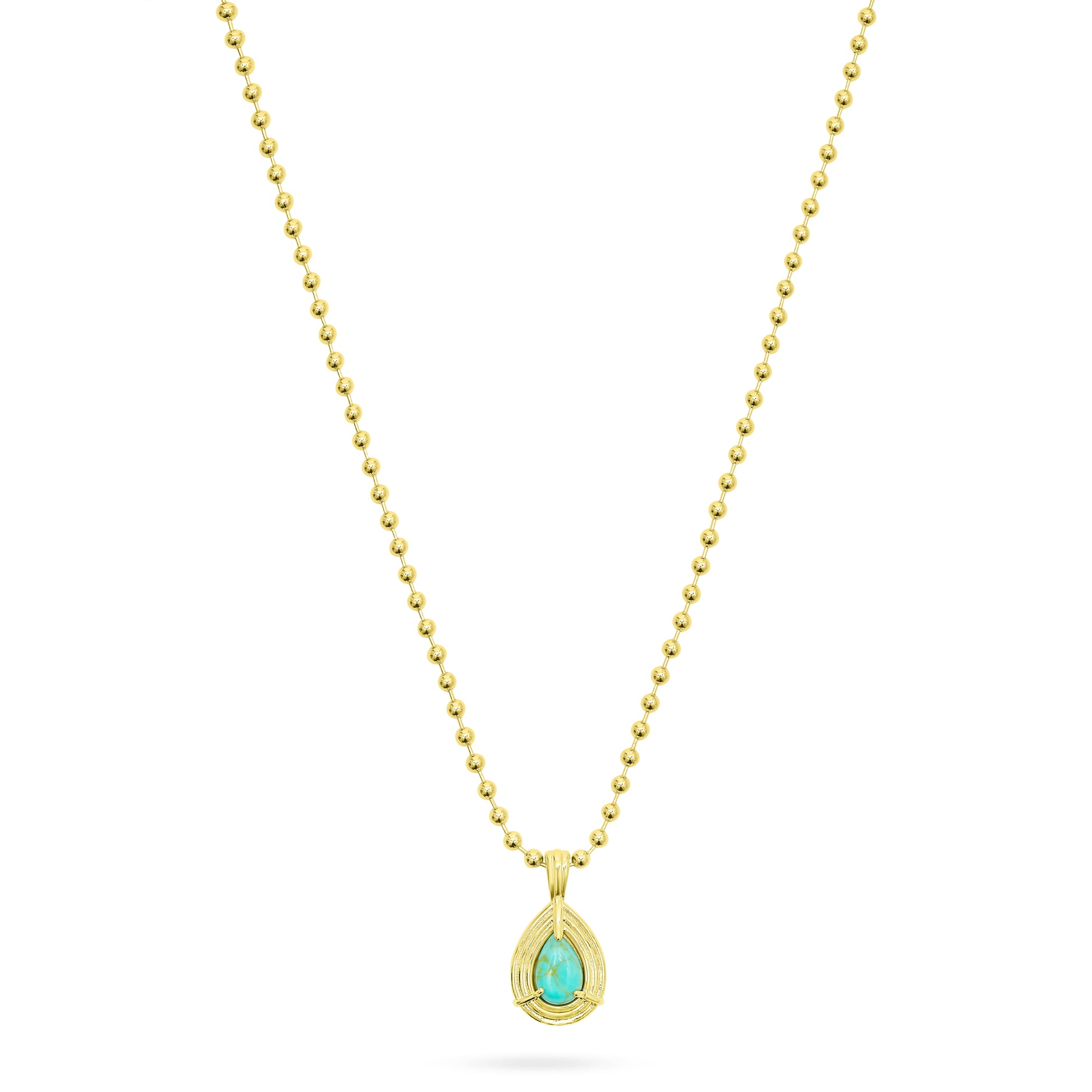 Gold necklace with a turquoise pendant on a white background from Talis Chains