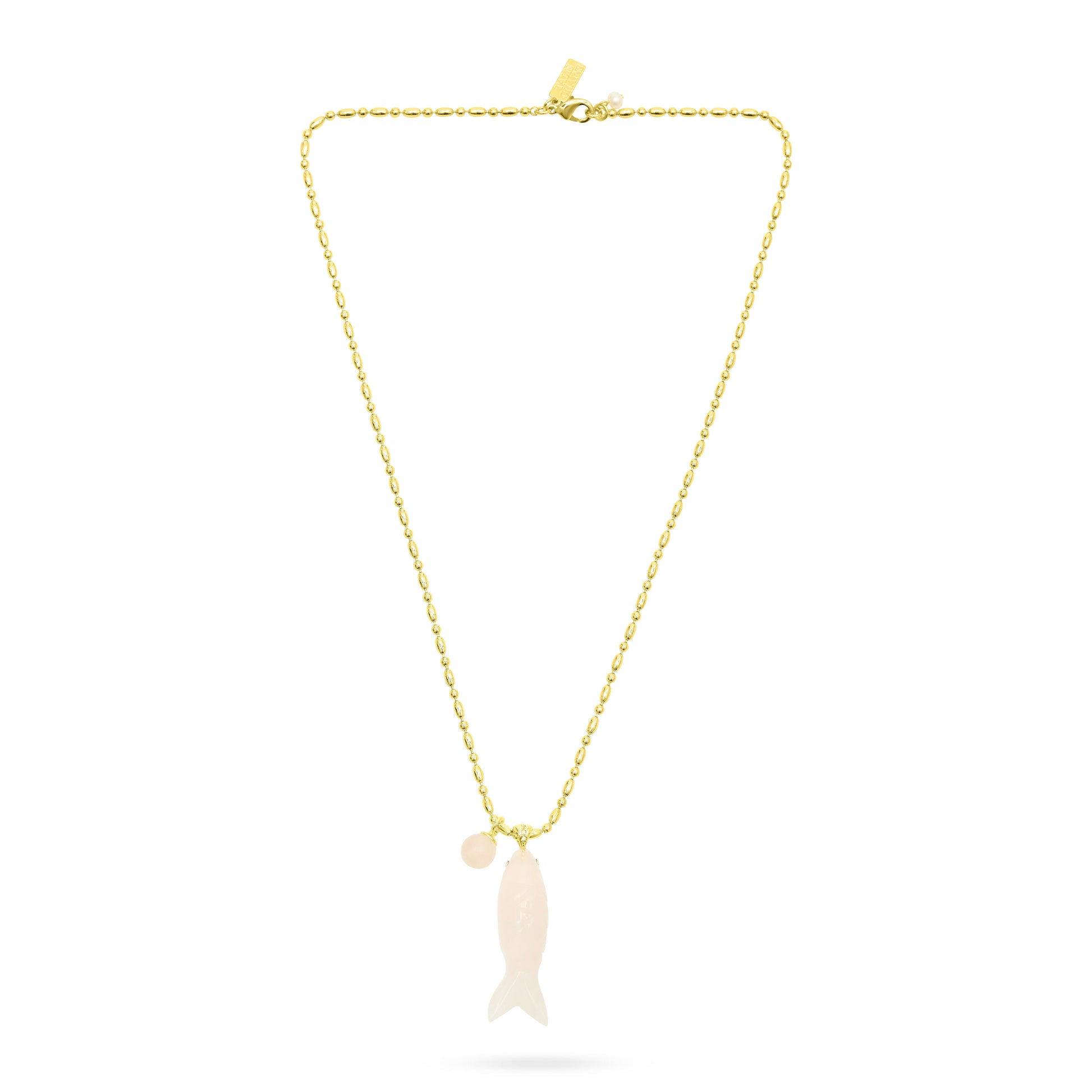 Rose quartz stone fish necklace from Talis Chains