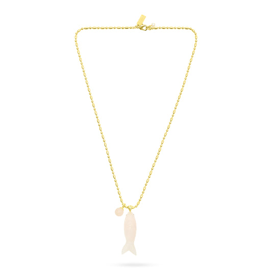 Rose quartz stone fish necklace from Talis Chains