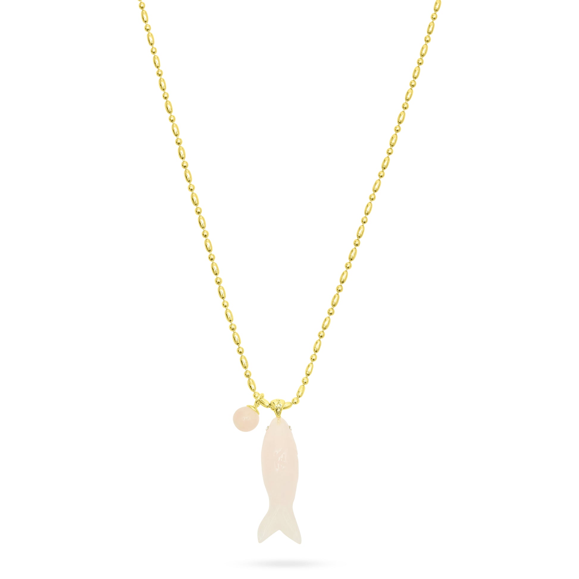 Rose quartz happy fish necklace on 18K Gold plated chain from talis Chains