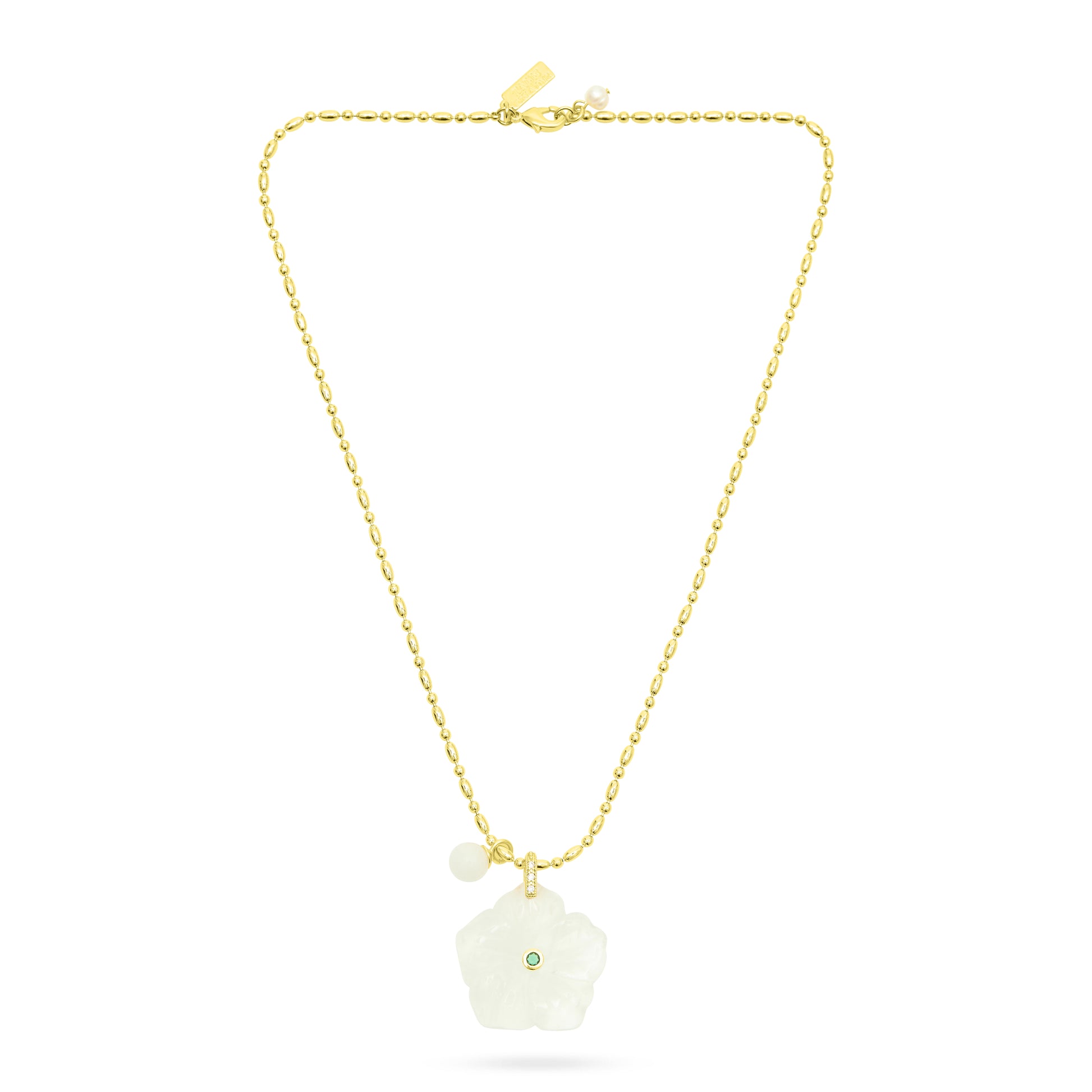 White crystal flower pendant necklace on 18 gold plated chain from Talis Chains