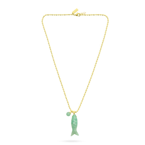 Gold necklace with a green pendant on a white background
