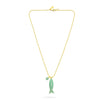 Gold necklace with a green pendant on a white background