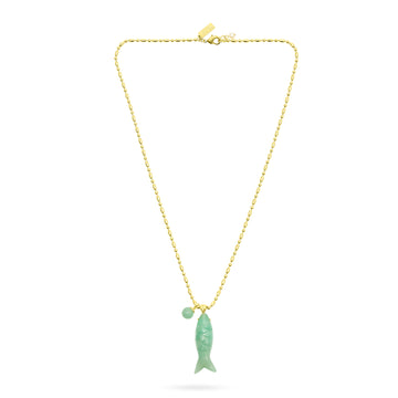 Gold necklace with a green pendant on a white background