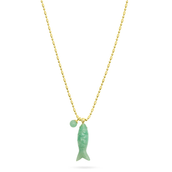 Gold necklace with a green fish-shaped pendant on a white background