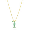 Gold necklace with a green fish-shaped pendant on a white background