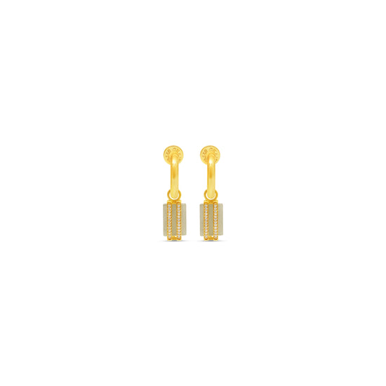 Pair of gold earrings on a white background with labradorite stone drop detail