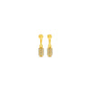 Pair of gold earrings on a white background with labradorite stone drop detail