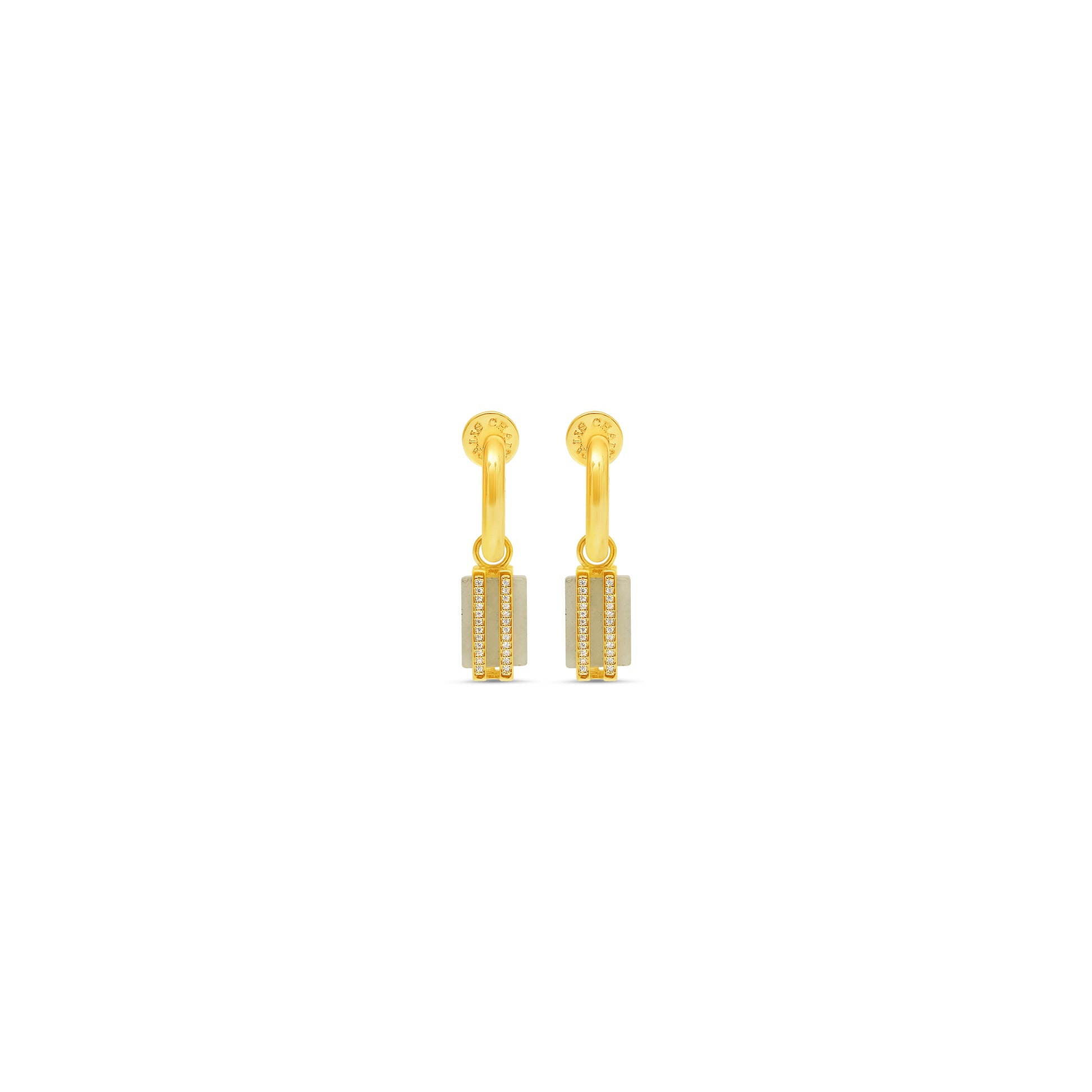 Pair of gold earrings on a white background with labradorite stone drop detail