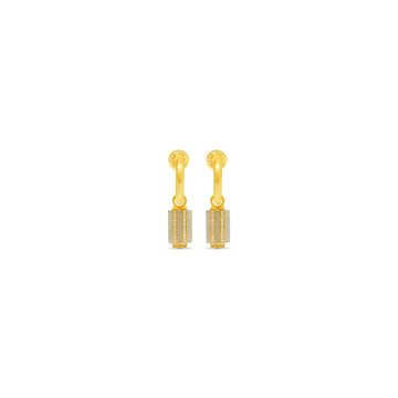 Pair of gold earrings on a white background with labradorite stone drop detail