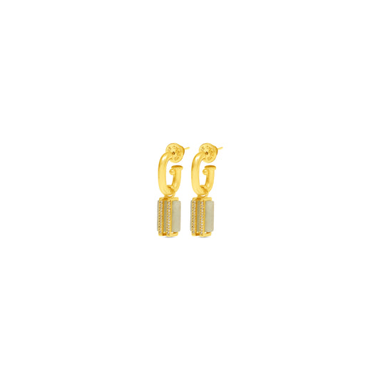 Gold hoop earrings with cylindrical gold charms on a white background from Talis Chains