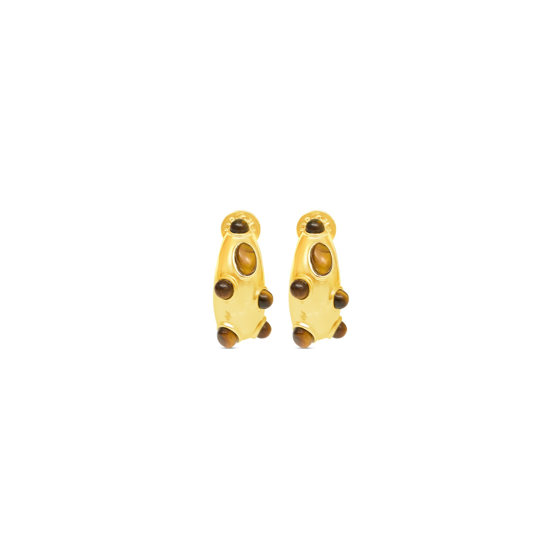 Gold earrings with brown stones on a white background