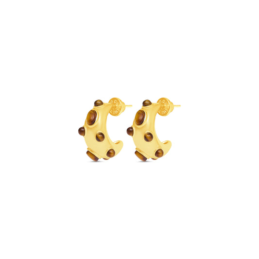 Gold hoop earrings with brown accents on a white background