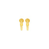 Gold hoop shaped earrings with yellow jade stone details on a white background