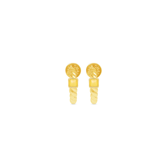 Gold hoop shaped earrings with yellow jade stone details on a white background