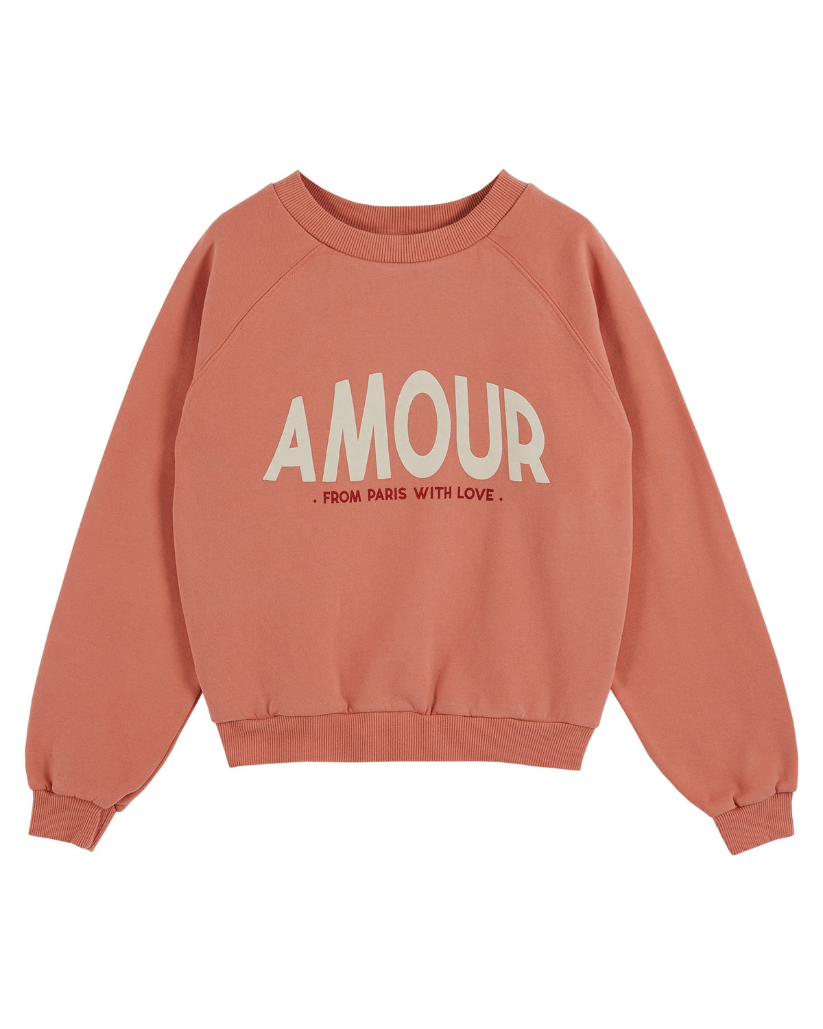 Terracotta coloured scoop neck sweatshirt with raglan sleeves and "amour" logo on the centre front