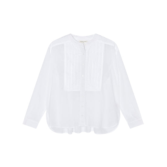 white button down shirt with round neck and tuxedo style bib