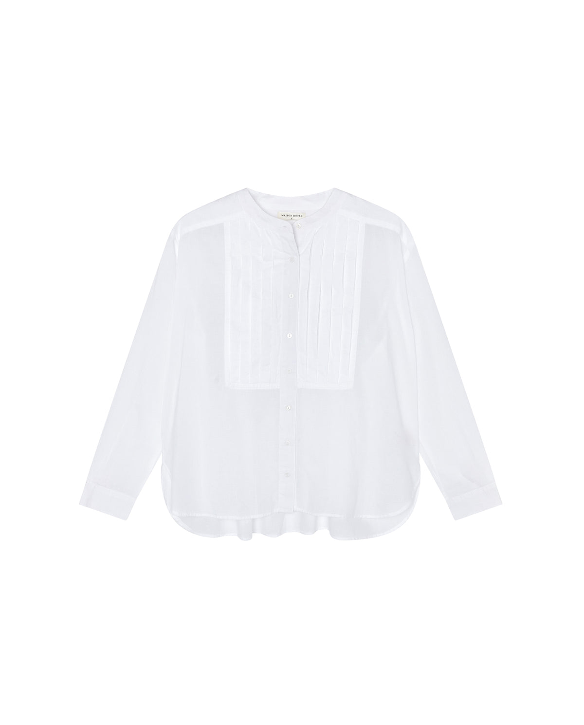 white button down shirt with round neck and tuxedo style bib