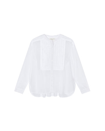 white button down shirt with round neck and tuxedo style bib