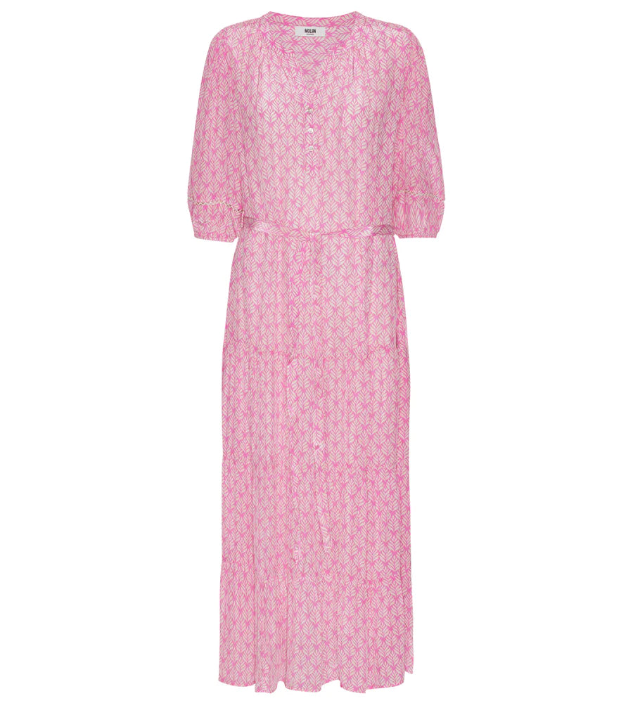 Maxi pink dress with elbow length sleeves and self tie fabric waist tie with all over white floral pattern