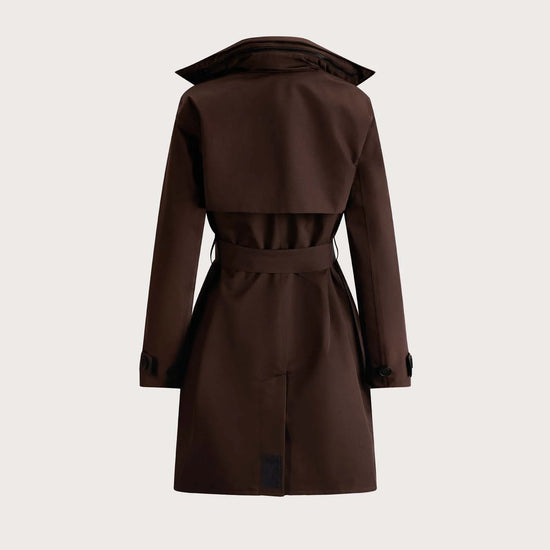 A dark brown trench coat with a matching waist belt, shown from the back against a light beige background.