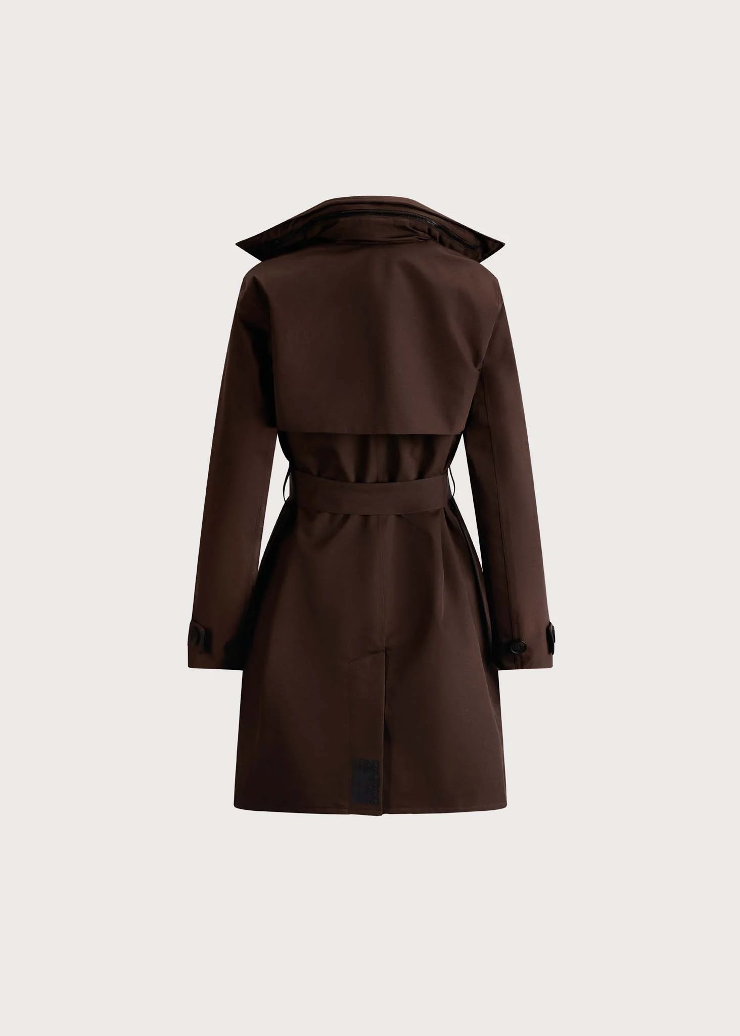 A dark brown trench coat with a matching waist belt, shown from the back against a light beige background.