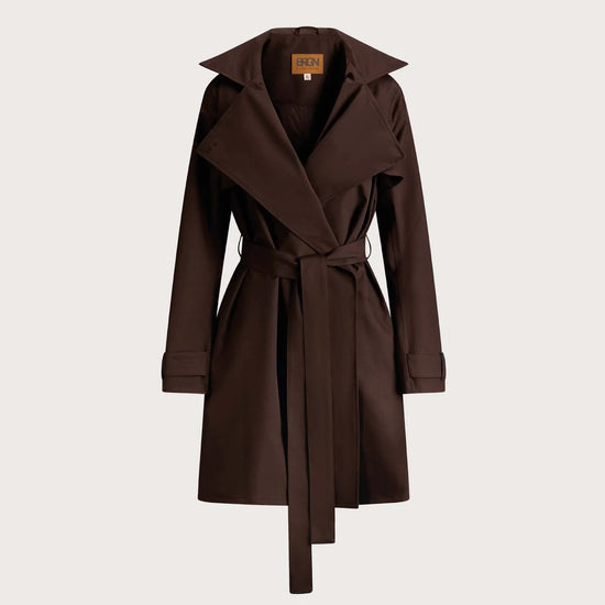 A dark brown wrap coat with a matching waist tie belt, displayed on a clean, light beige background.