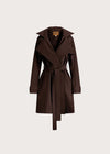 A dark brown wrap coat with a matching waist tie belt, displayed on a clean, light beige background.