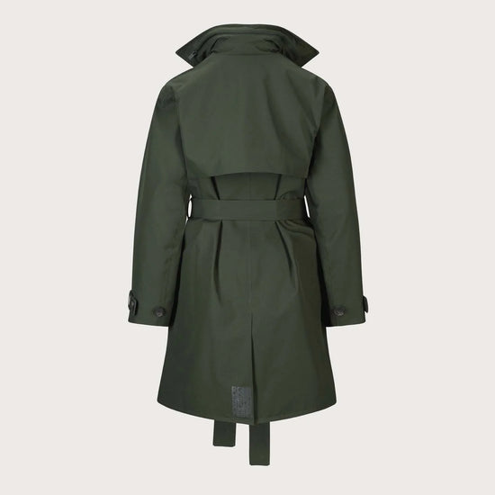 An olive green trench coat shown from the back, featuring a high collar, long sleeves with button cuffs, and a matching waist belt, set against a solid light gray background.