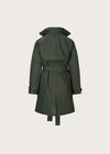 An olive green trench coat shown from the back, featuring a high collar, long sleeves with button cuffs, and a matching waist belt, set against a solid light gray background.