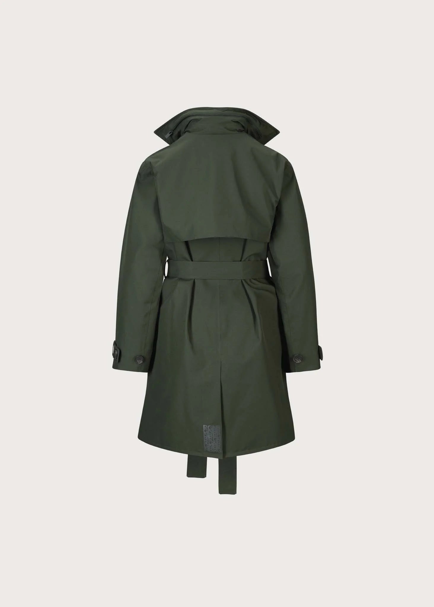 An olive green trench coat shown from the back, featuring a high collar, long sleeves with button cuffs, and a matching waist belt, set against a solid light gray background.
