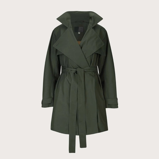 An olive green trench coat with a matching waist belt, displayed on a clean, light beige background.