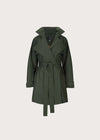An olive green trench coat with a matching waist belt, displayed on a clean, light beige background.