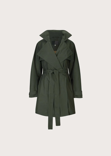 An olive green trench coat with a matching waist belt, displayed on a clean, light beige background.
