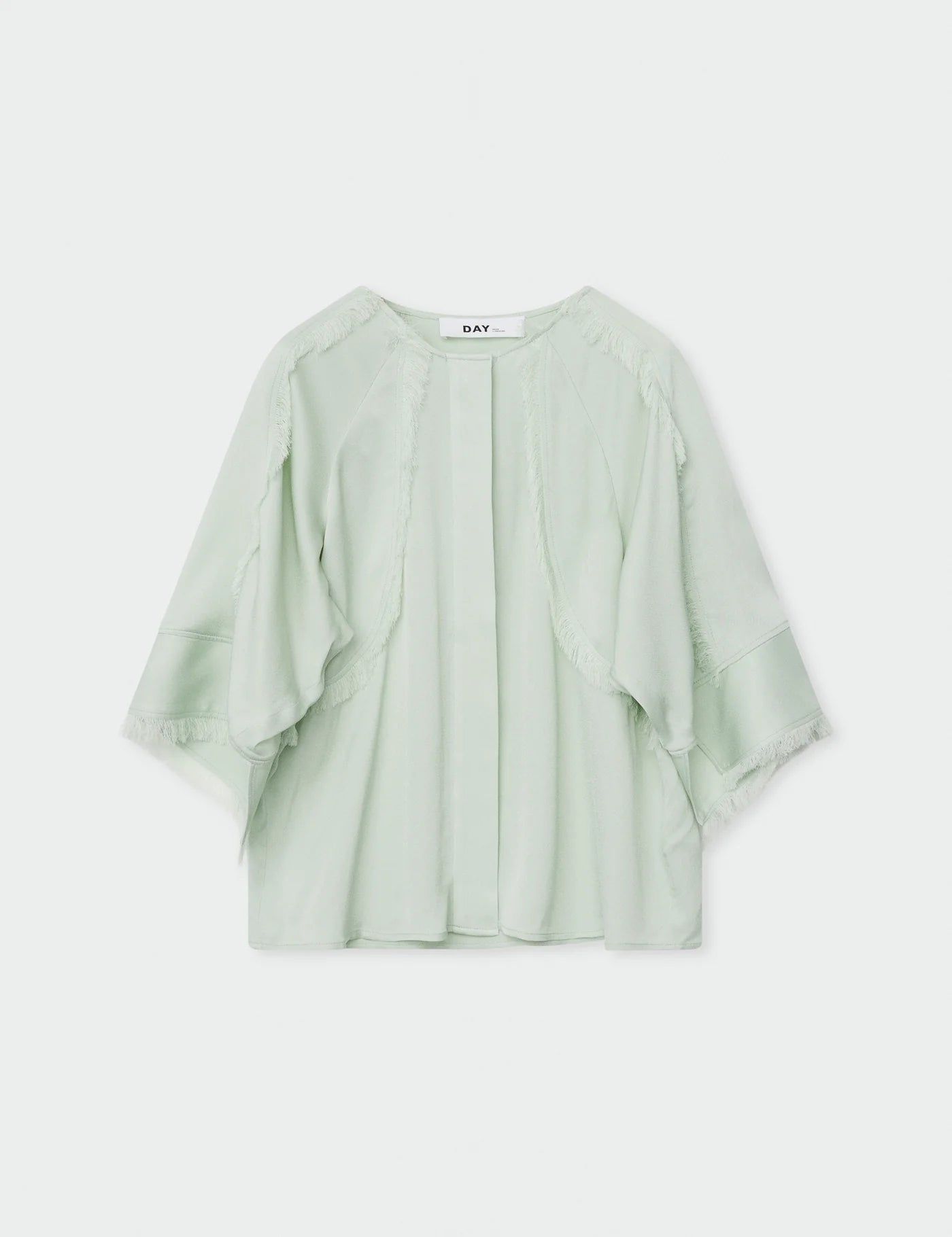 mint round neck boxy blouse with wide sleeves and fringe detailing 