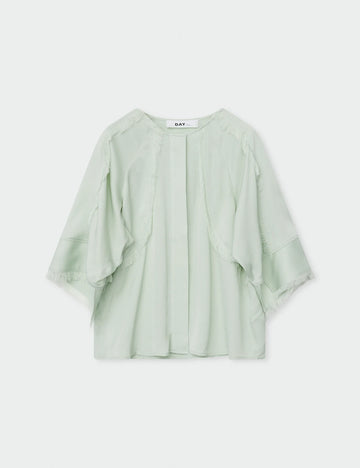 mint round neck boxy blouse with wide sleeves and fringe detailing 