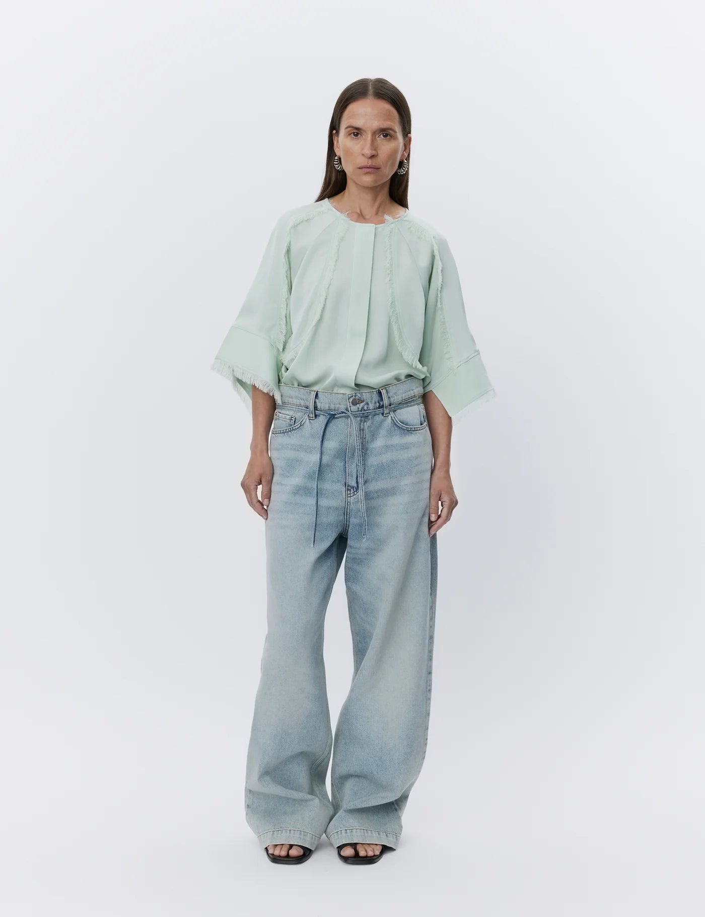 mint round neck boxy blouse with wide sleeves and fringe detailing model shot